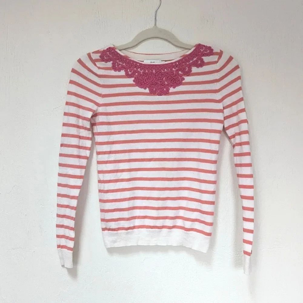 Vineyard Vines Sweater Knit XS Merino Wool Lace applique Ivory Coral Stripes